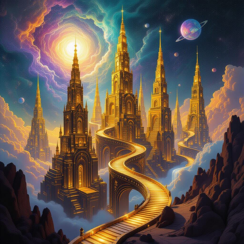 Fractal Golden Towers in Cosmic Void with Celestial Beings