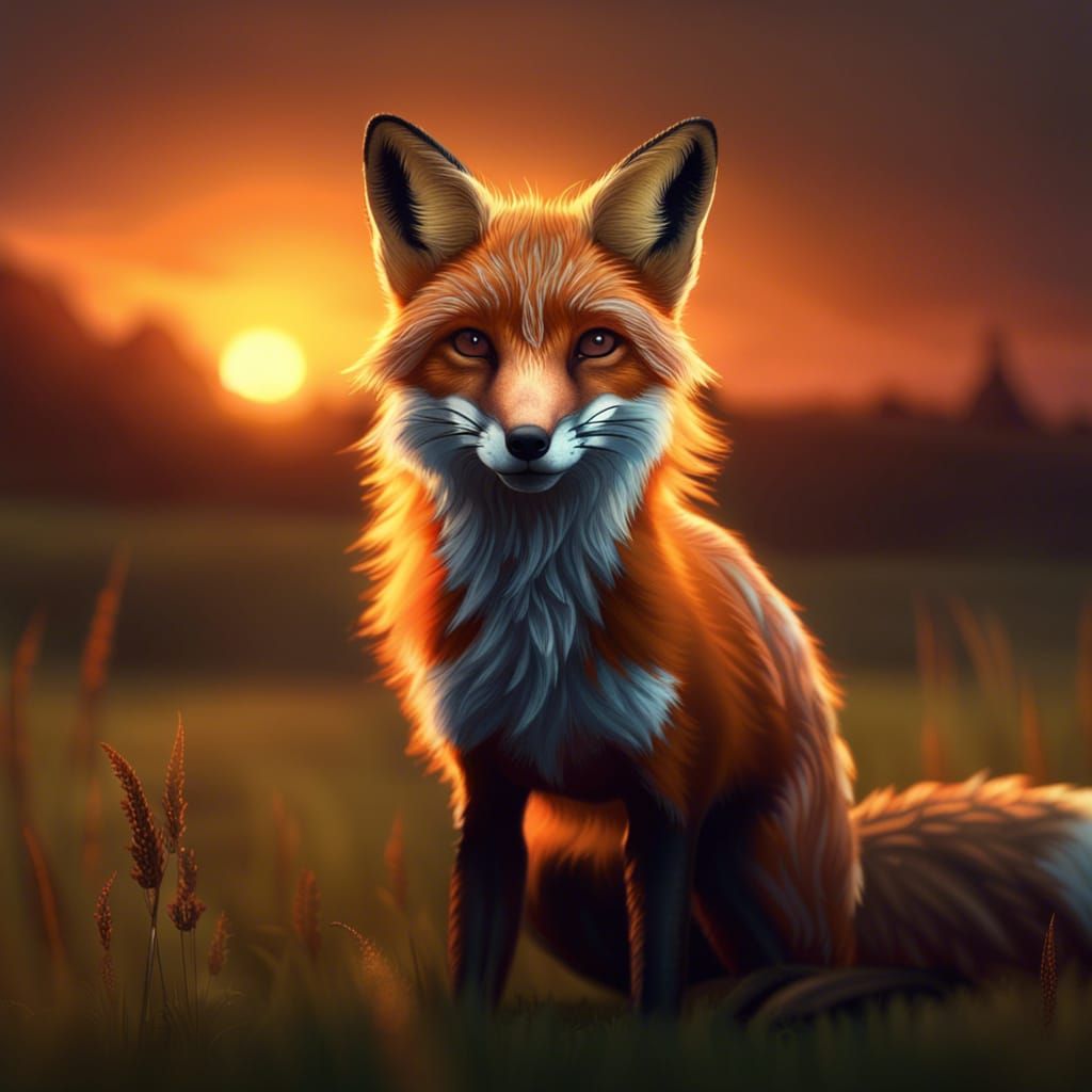 Fox in Field at Sunset: Detailed Matte Painting