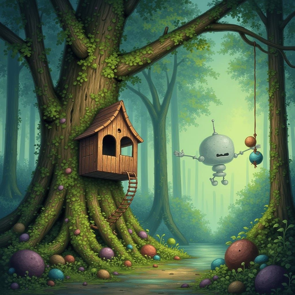 Whimsical Treehouse Landscape in Fairytale Illustration Styl...