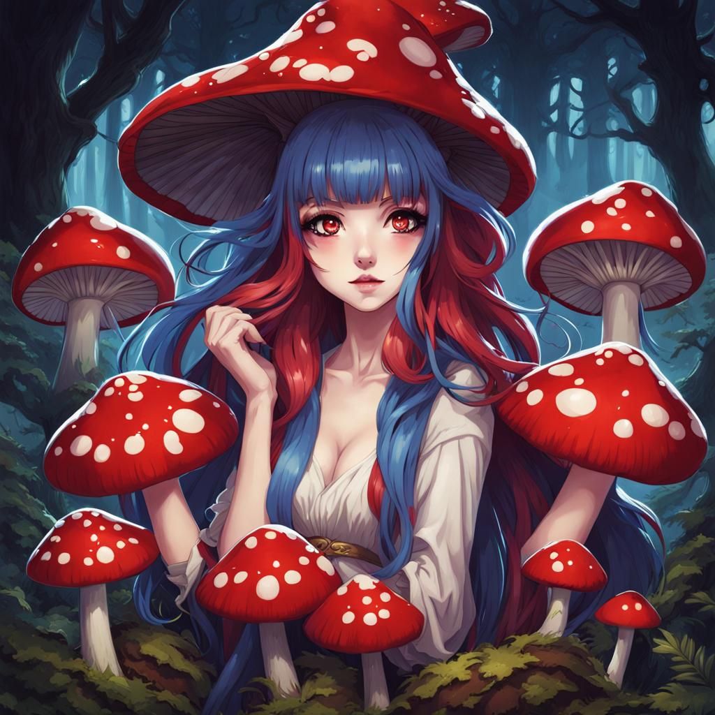 Anime Mushroom Woman with Bat Wings in Forest
