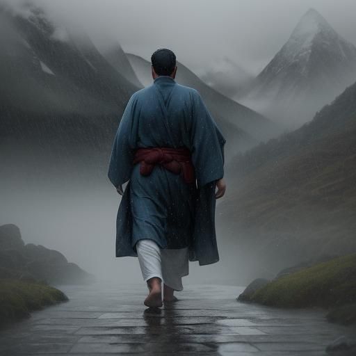 Tibetan Figure in Rainy Impressionist Landscape