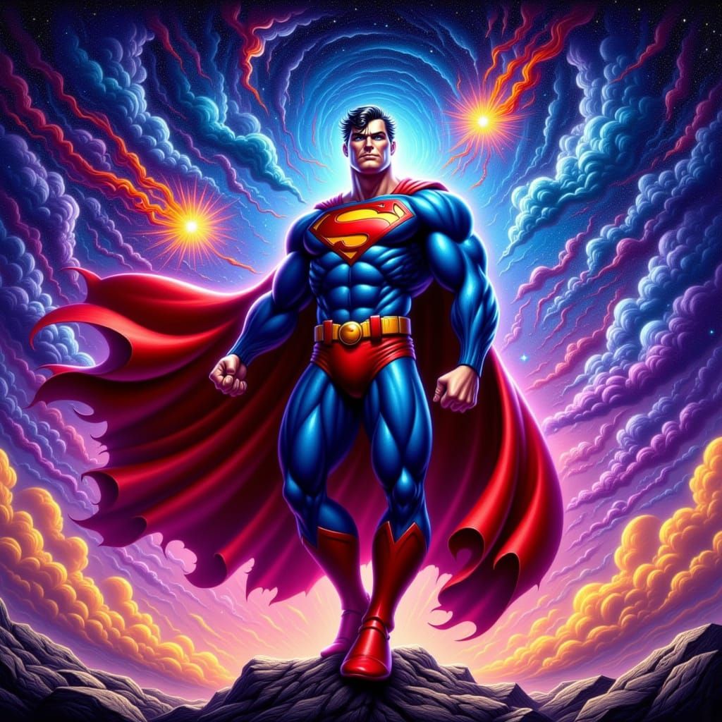 Superman Heroic Pose in Cosmic Landscape Comic Art