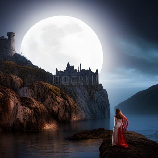 Epic Night Scene with Woman, Horse and Castle