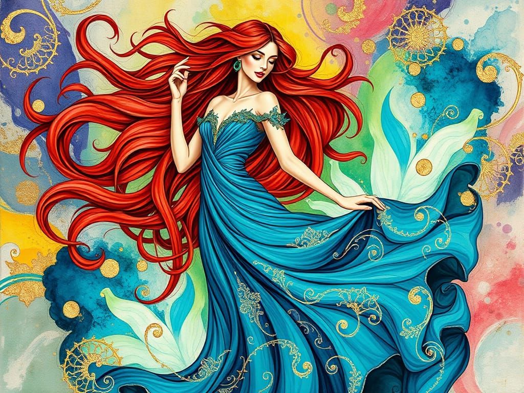 Woman in Turquoise Dress with Abstract Art Nouveau Backgroun...