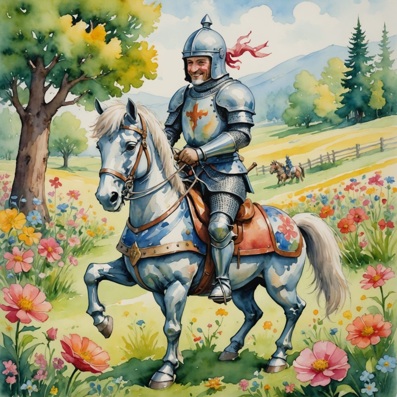 Whimsical Knight Rides Fluffy Pony with Teacup