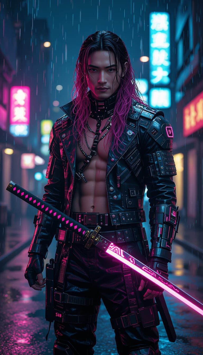 Cyberpunk Man with Katana in Rainy City