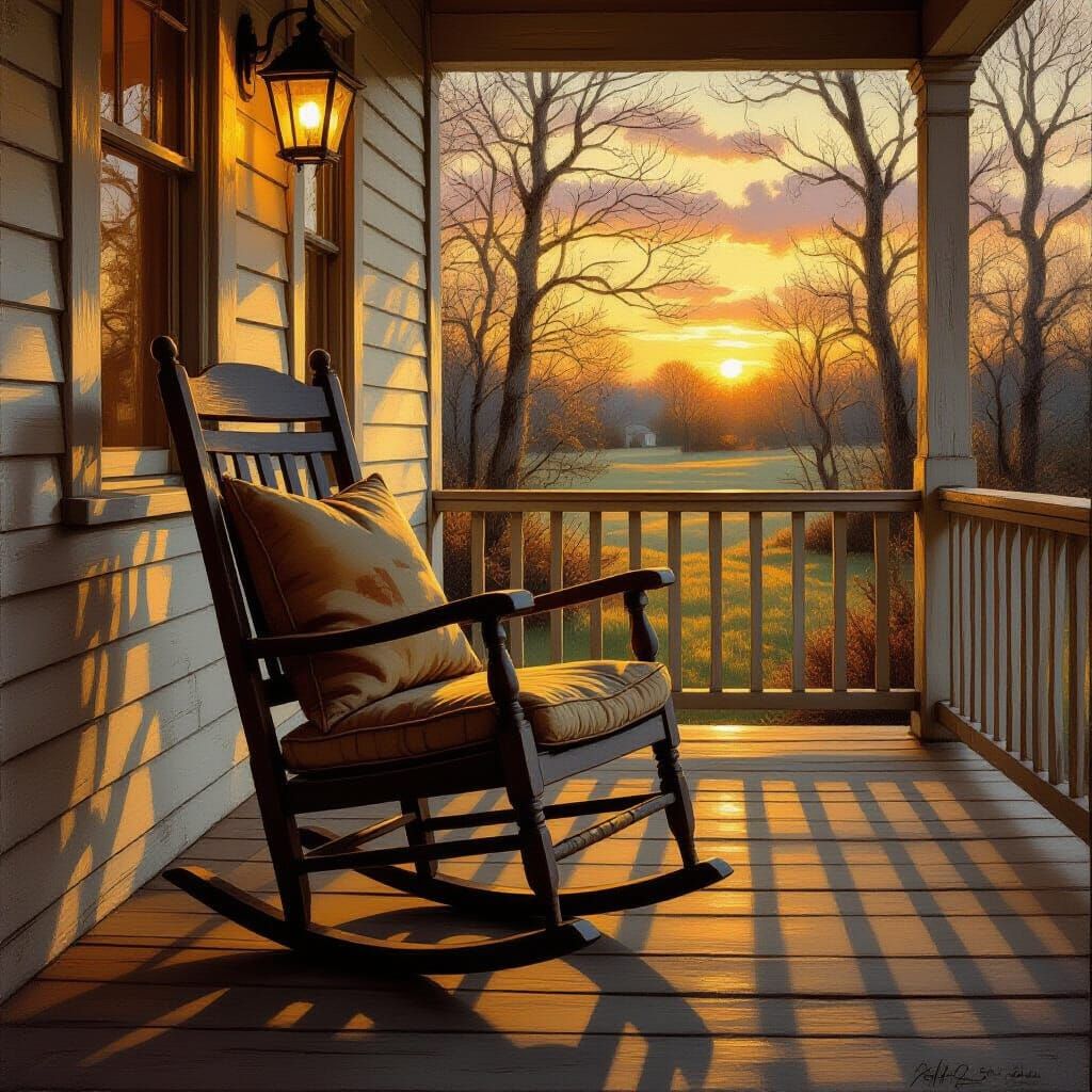 Rustic Chair on Porch at Dusk, Golden Lighting