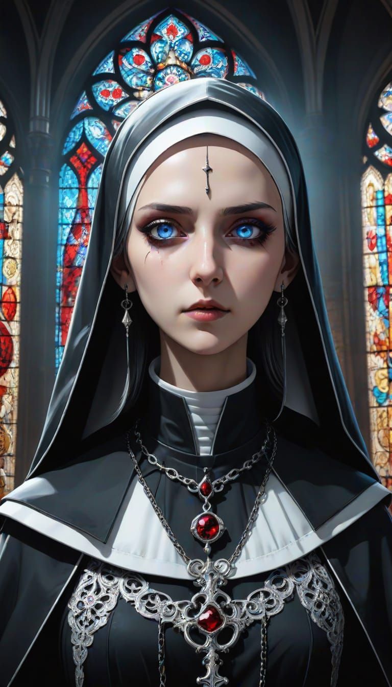 Gothic Nun in Dramatic Cel-Shaded Anime Style