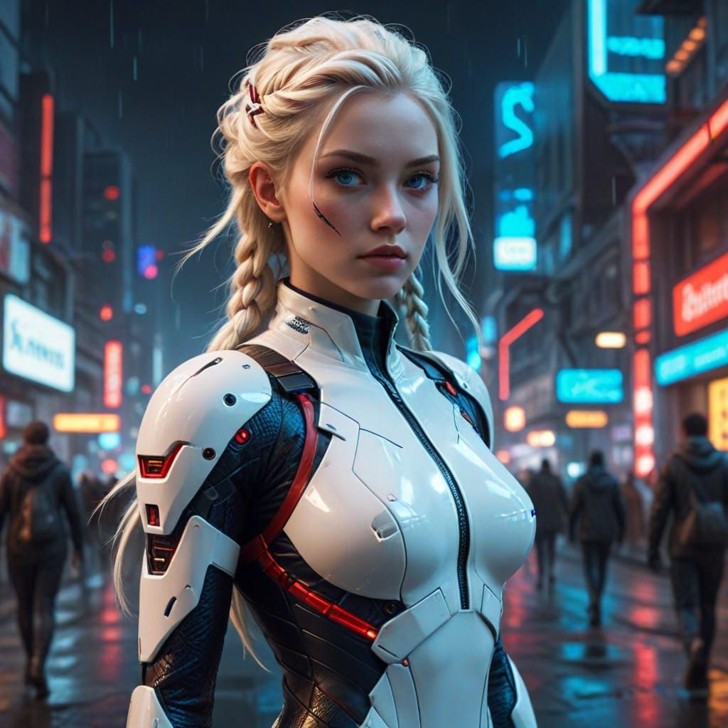 Sultry Cyberpunk Goddess in Neon Cityscape