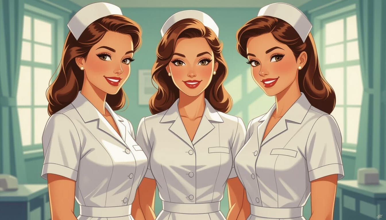 1940s Nurses in Vintage Hospital Ward Comic Style