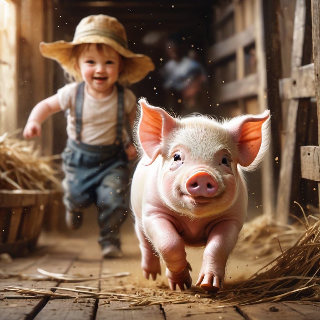 Cute Baby Pig Escaping from Toddler Farmer in a Rustic Barn ...