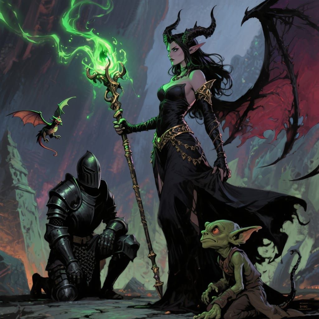 Dark Queen Sorceress with Kneeling Knight, Comic Art
