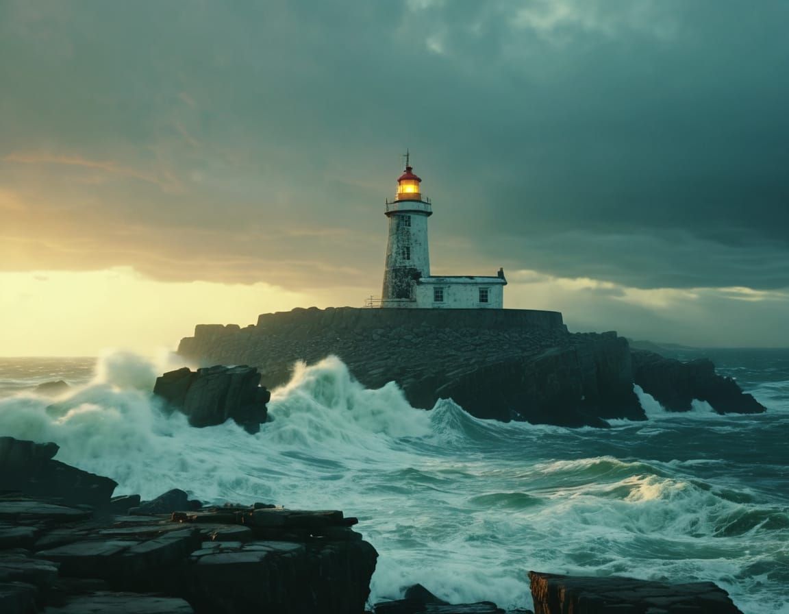 Coastal Lighthouse in Stormy Sunset Light