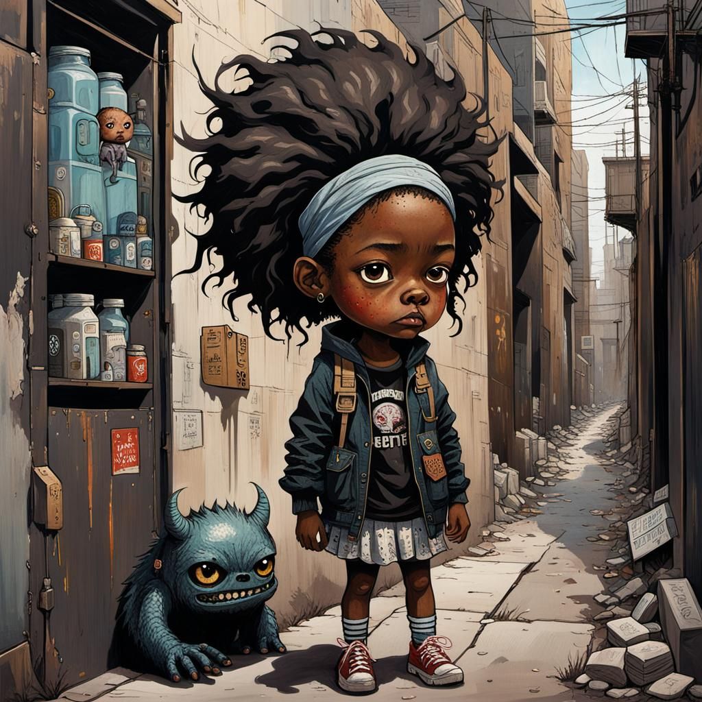 Worried Girl and Chibi Monster in Alley