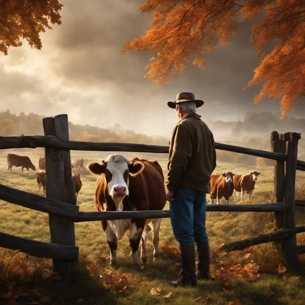 Farmer and Cows in Autumn Digital Painting