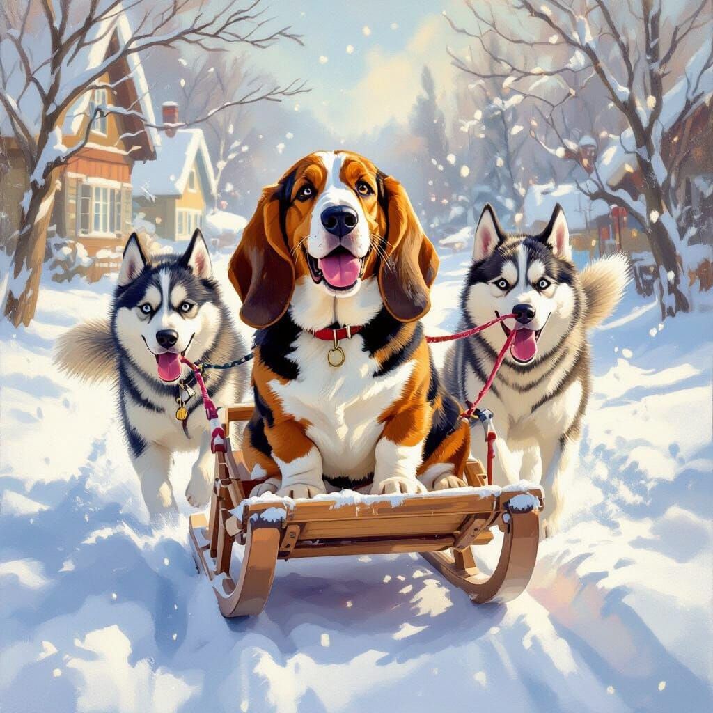 Basset Hound Pulled by Huskies in Snowy Village