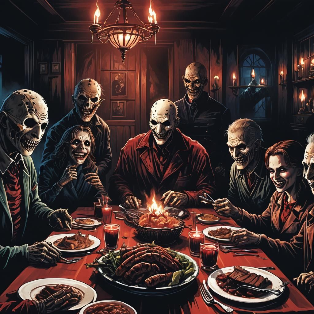 Horror Villains Thanksgiving Dinner in Dark Fantasy Style