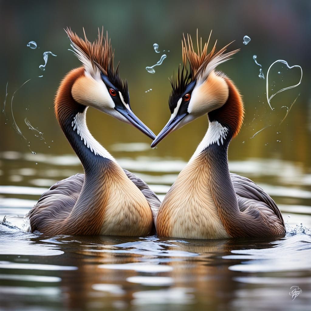 Great Crested Grebes Embrace in Graffiti Art
