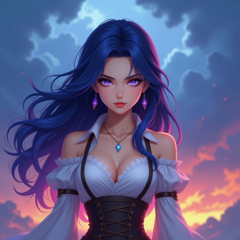 Powerful Anime Woman with Fiery Blue Hair in Stormy Sky
