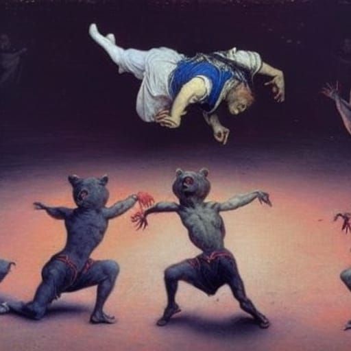 Bears and cheerleaders break dancing competition hieronymus bosch