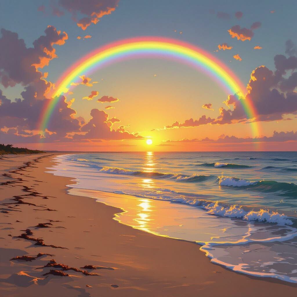Rainbow Over Gulf Beach at Sunset: Impressionistic Style
