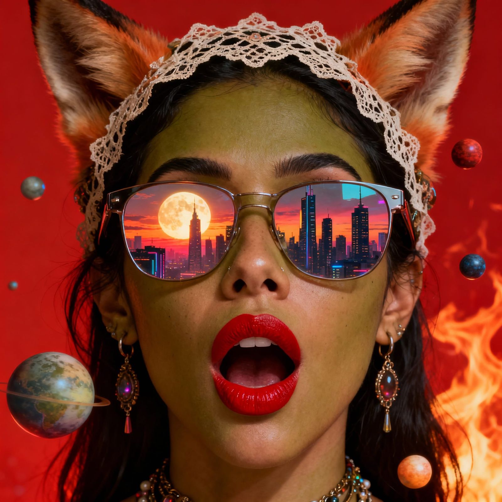 Latina Woman with Fox Ears in Cyberpunk Fantasy Portrait