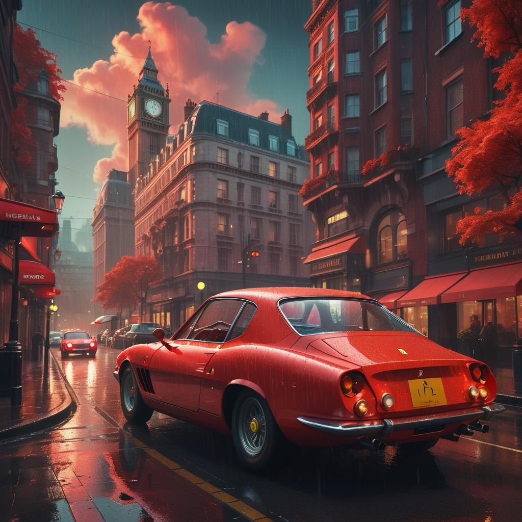 Retro-Futuristic Ferrari Coupe in Rainy London Street