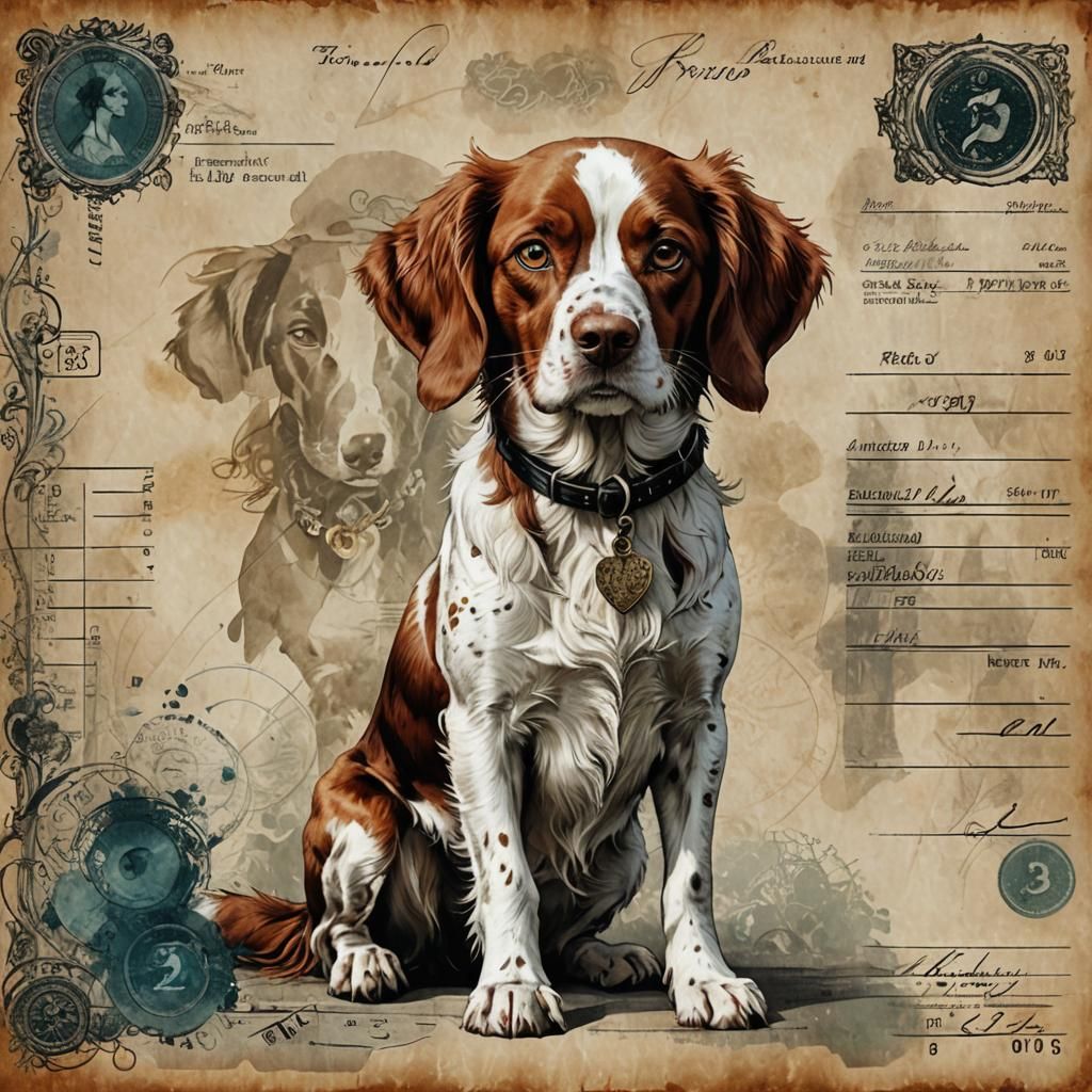 Brittany Spaniel Fantasy Illustration on Vintage French Invo...