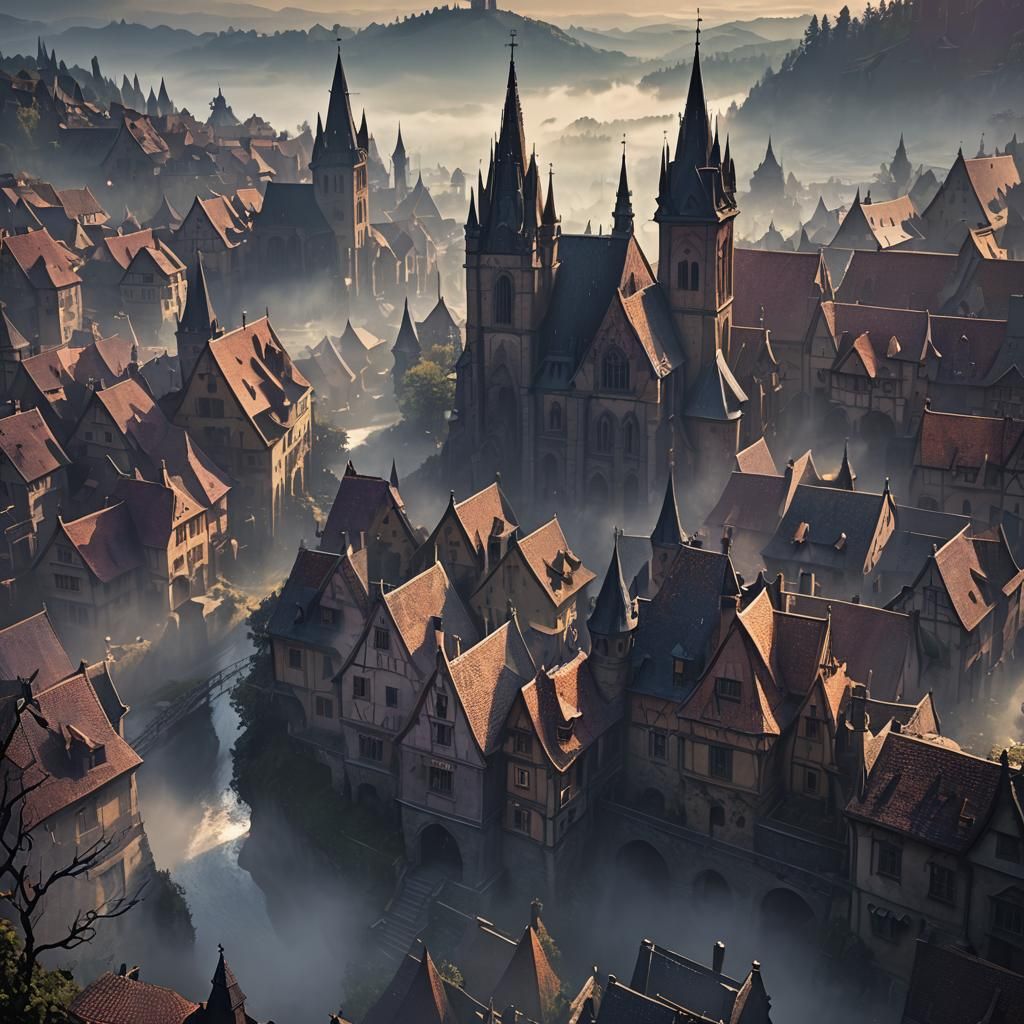 Mystical German Village in Fog: Dark Fantasy Art