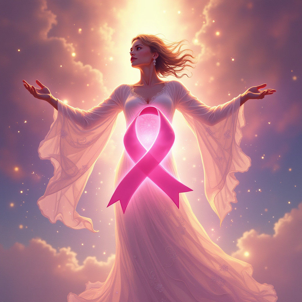 Mother Holds Pink Ribbon in Dreamlike Illustration