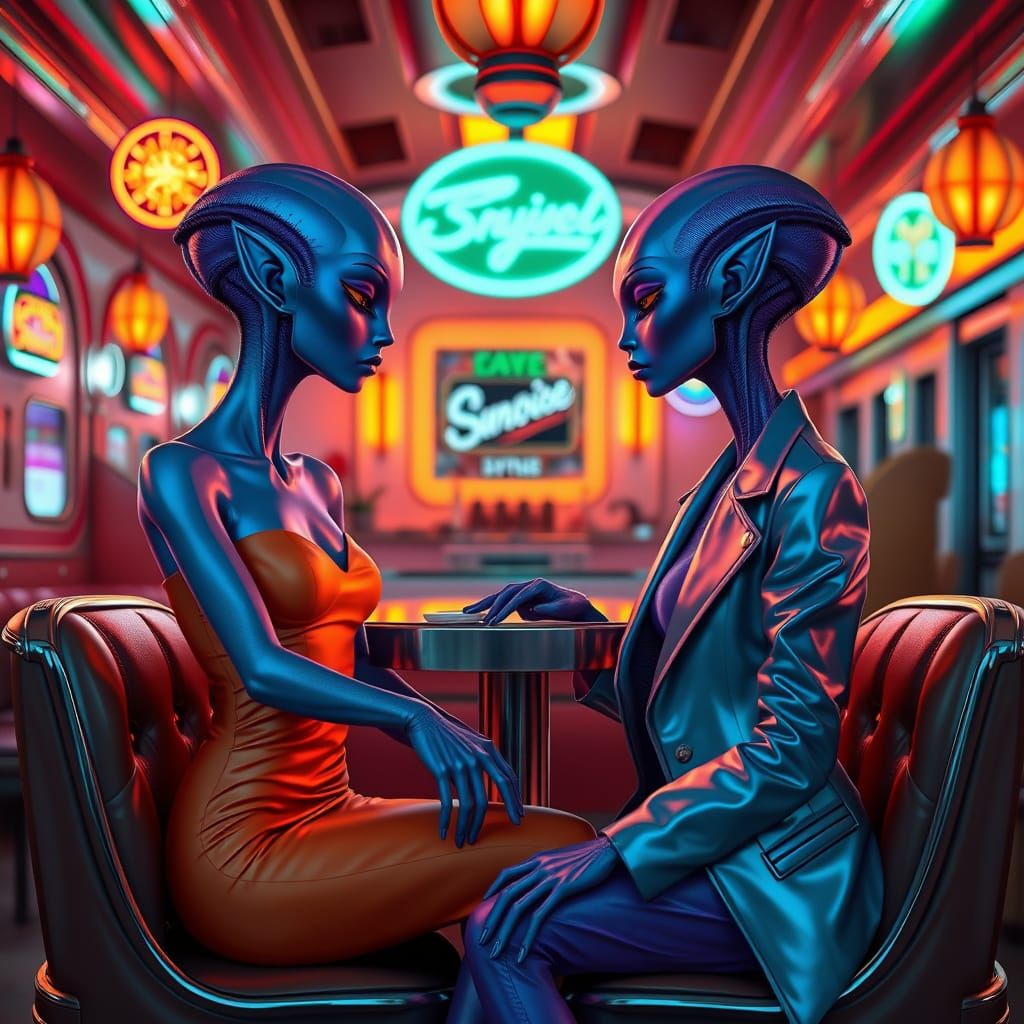 Intergalactic Diner Romance in Retro-Futuristic Style