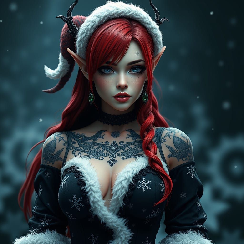Dark Christmas Fae in Black Santa Dress with Snowflakes and...
