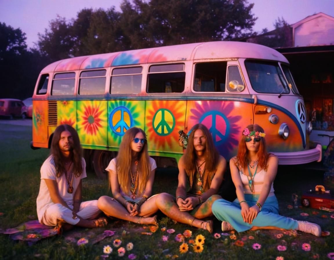 Psychedelic Hippie Bus Scene in 1960s Style