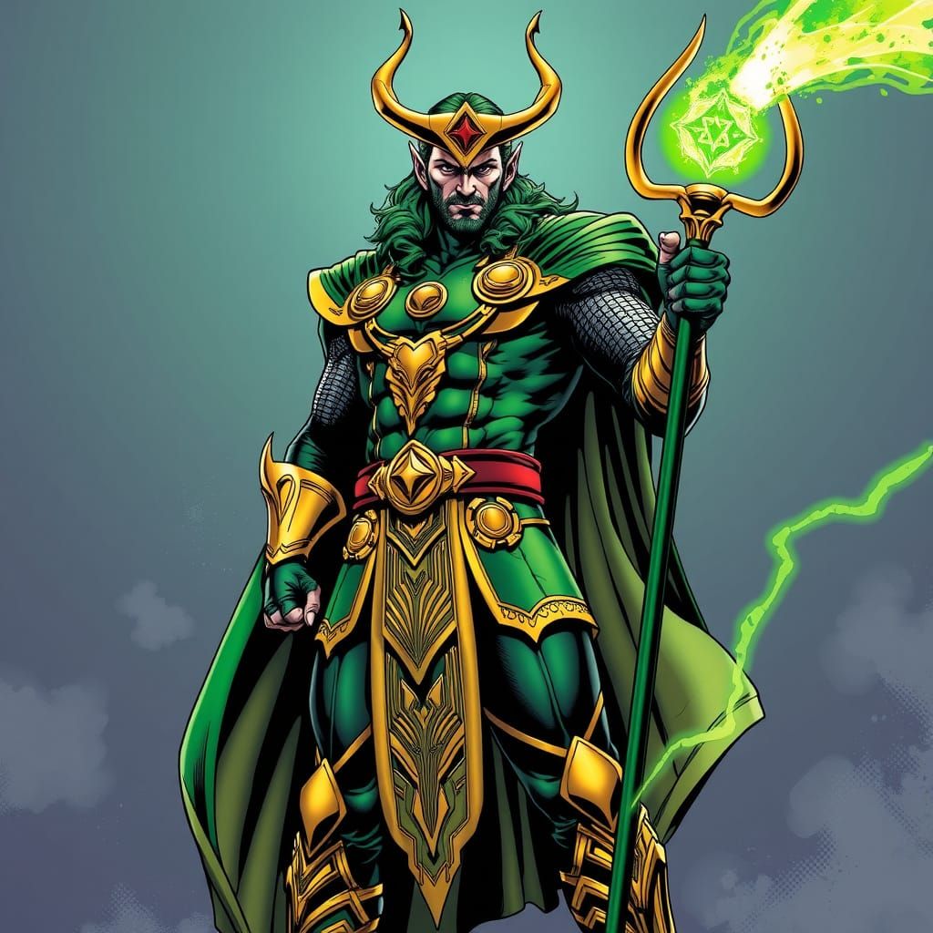 Loki in Intricate Armor: Comic Book Style