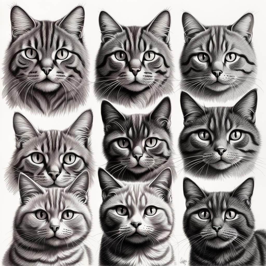 Hyperrealistic Charcoal Cat Drawings in Vintage Style
