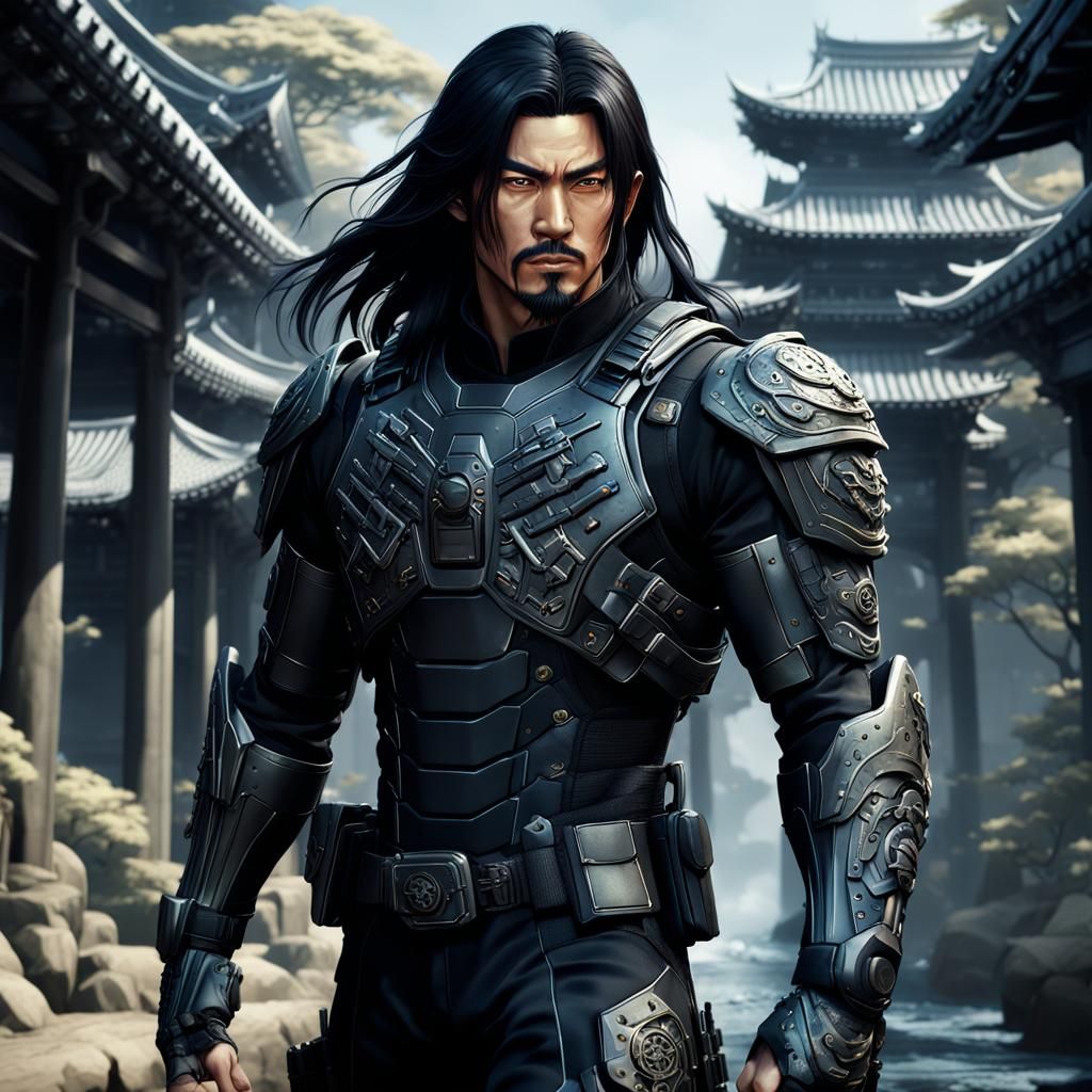 Japanese Man in Black Biosuit: Detailed Fantasy Art