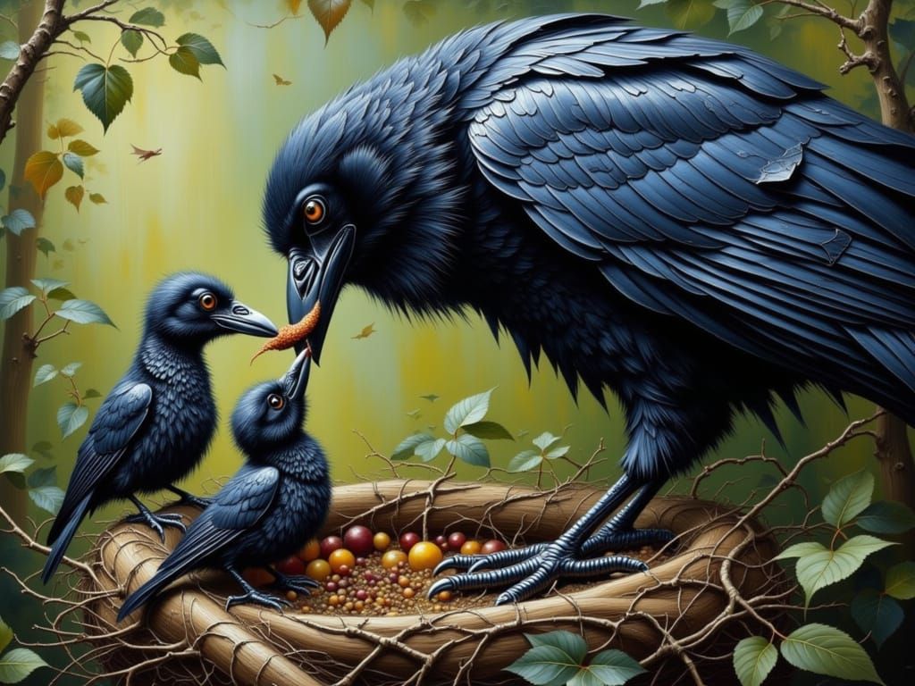 Mother Raven Feeds Chicks in Impasto Painting Style
