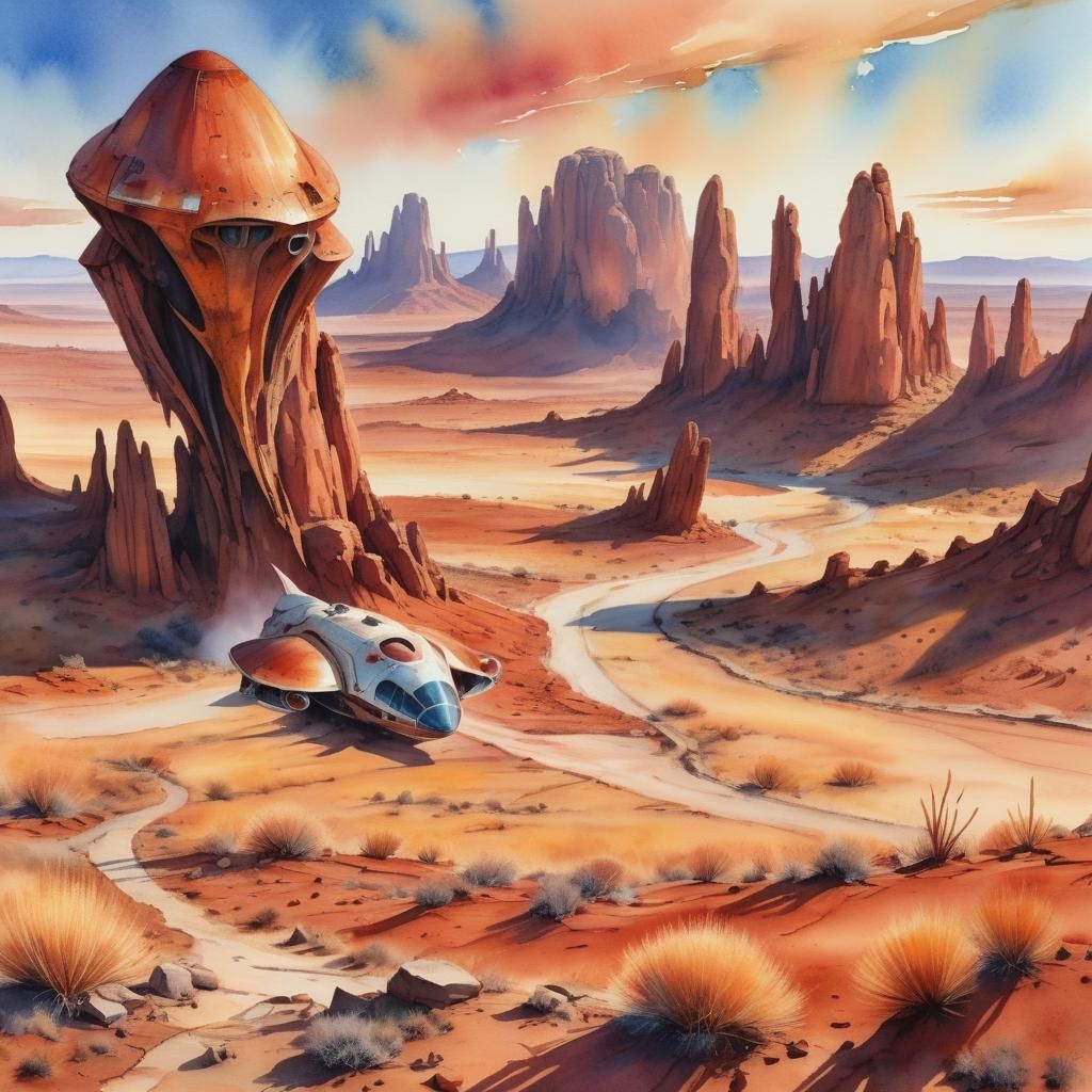 Watercolor, an elegant alien spaceship landing