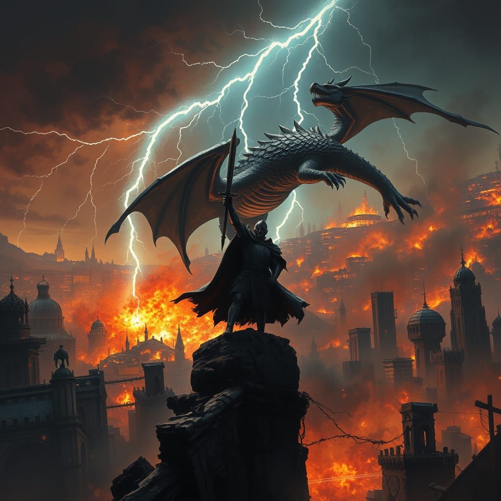 Knight vs Dragon in Fiery Ruins, Painterly Style
