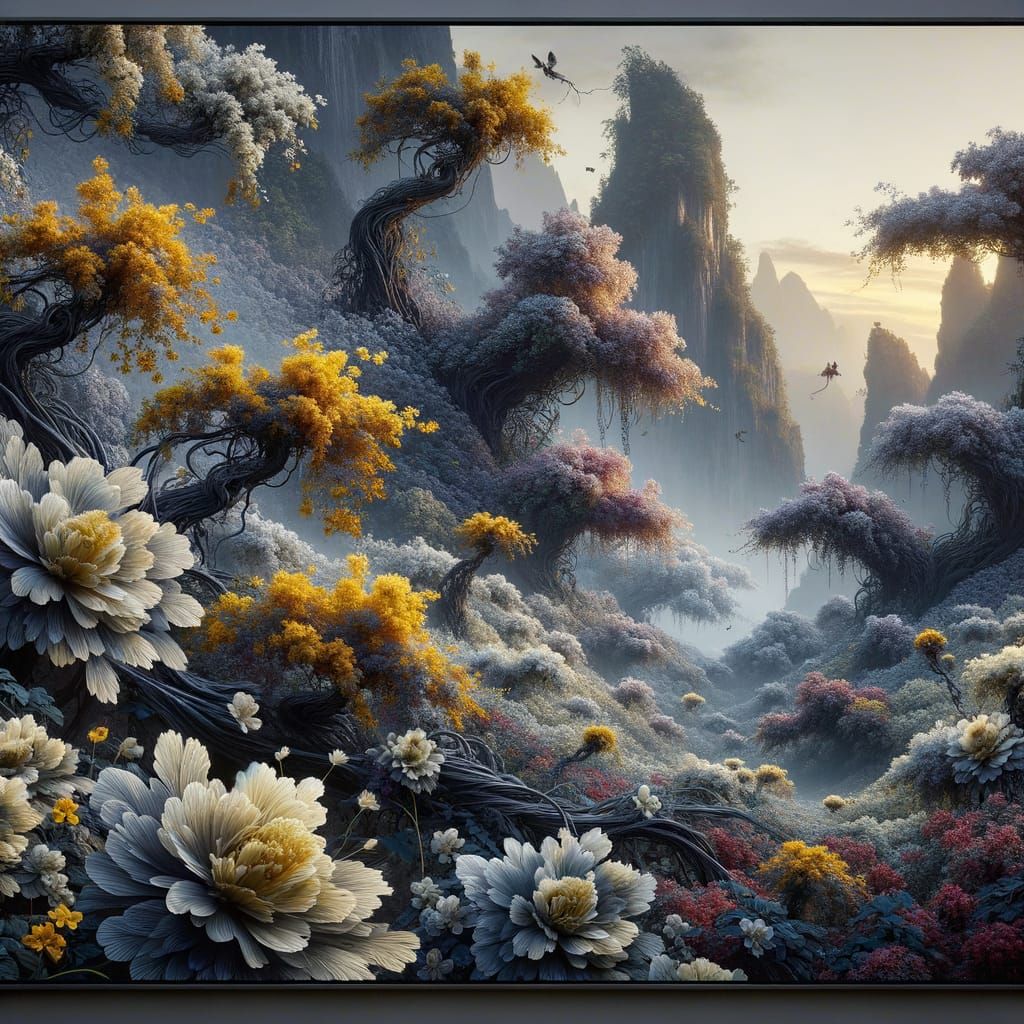 Lush Grey and Yellow Blossoms in Fantasy Landscape