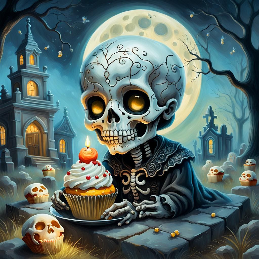 Chibi Skull Ghost Graveyard Cupcake: Oil Painting