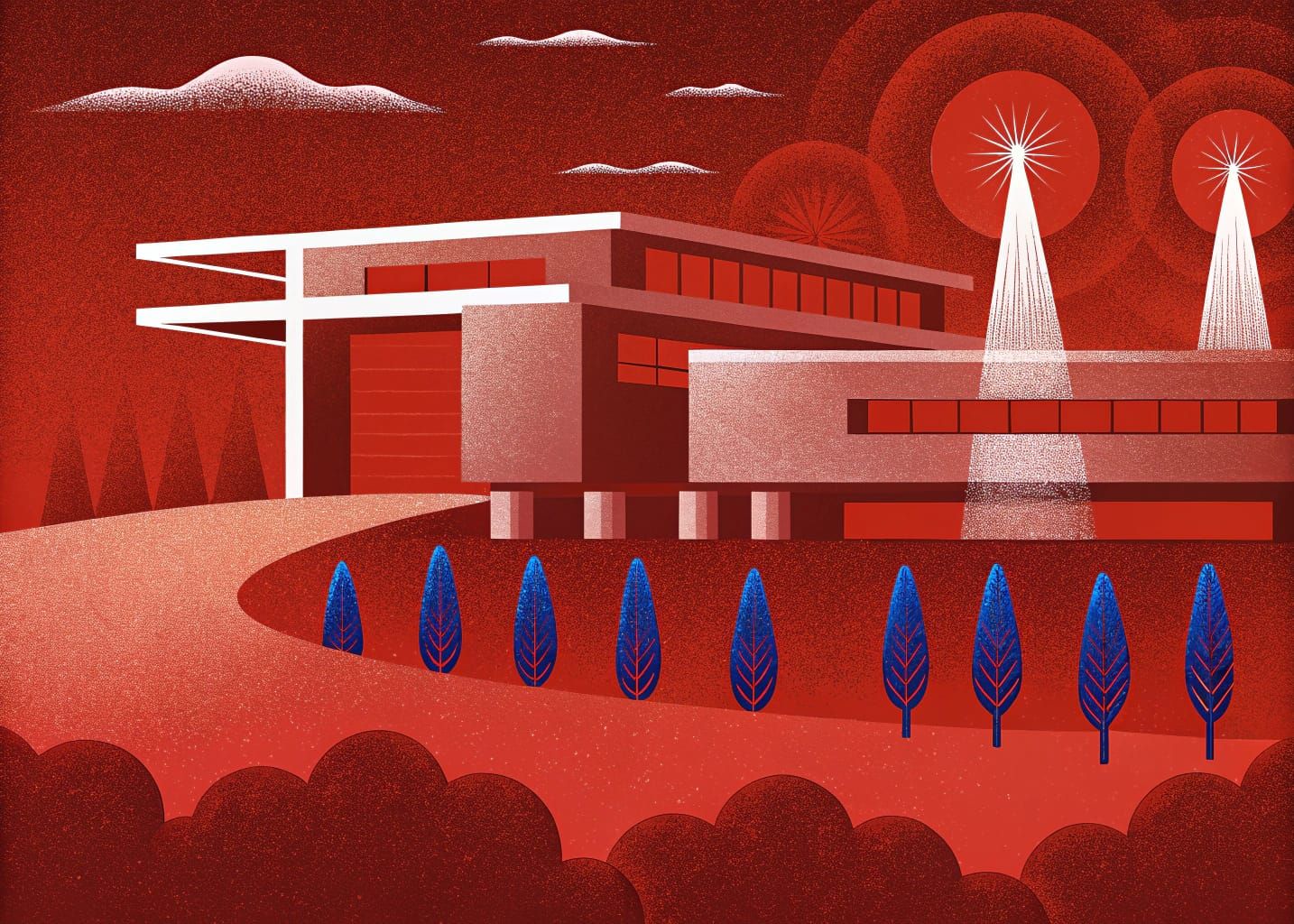 Slightly Alien Feel Fallingwateresque MCM Mansion with Axialburst Cloudburst Sunbursts