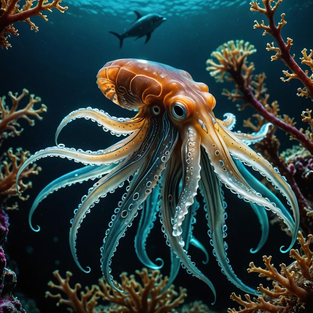 Bioluminescent Squid in Ocean Depths: Hyperrealistic HDR
