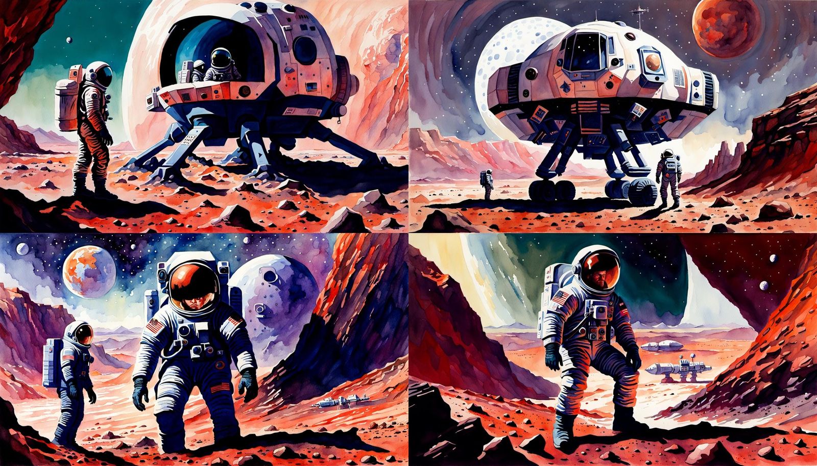 Cosmonaut's Happiness on Mars in Watercolor Style