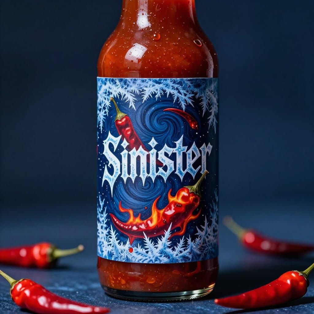 December Hot Sauce Bottle With Frost and Fiery Peppers
