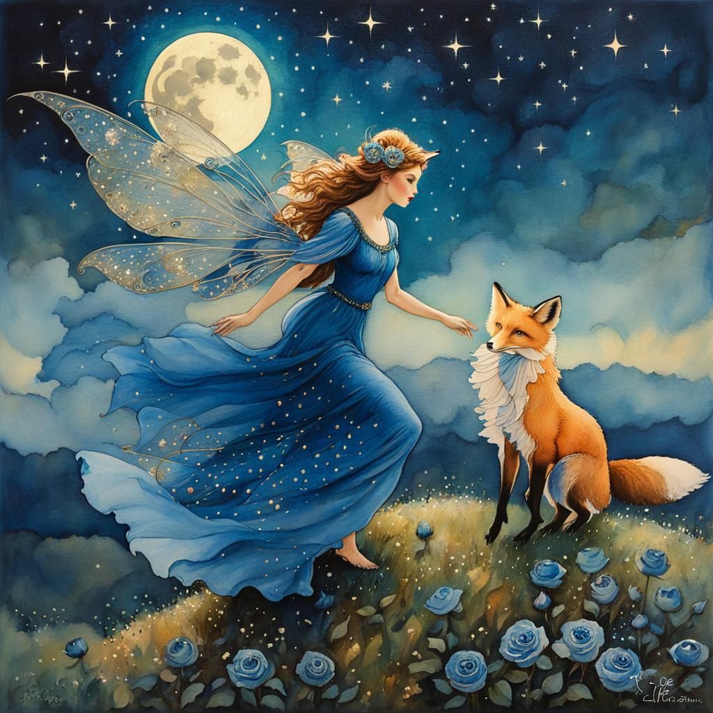 Fairy and Fox in Expressionist Watercolor Style