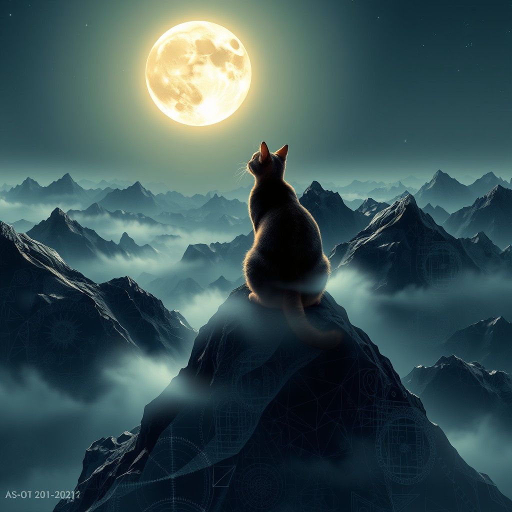 Cat Gazing at Moon Amidst Abstract Fractals