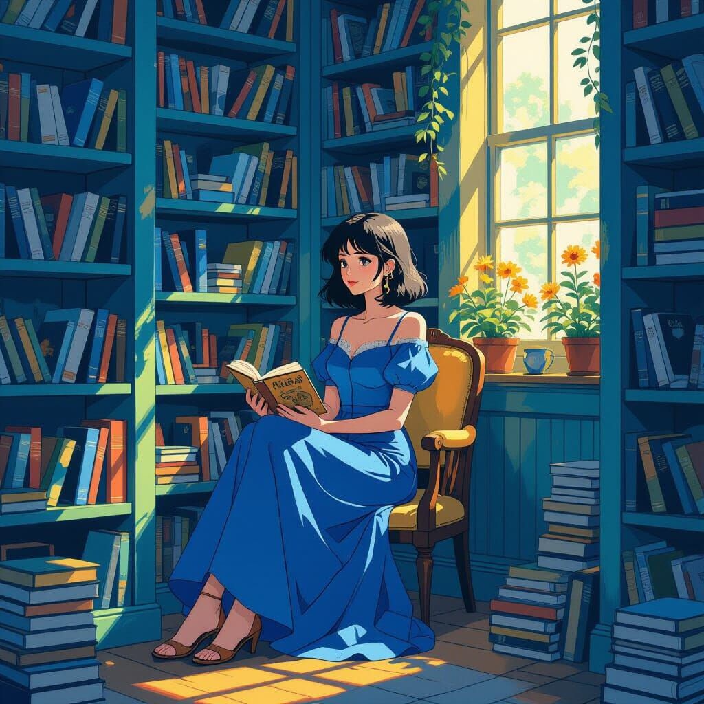 Woman in Library, Anime Style Illustration