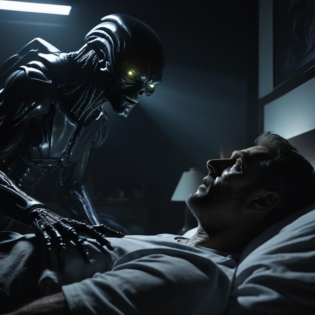 Menacing Alien Encounter in Dark Bedroom: Cinematic Still