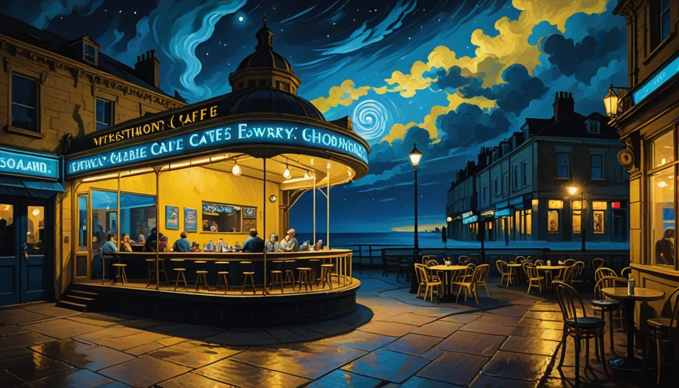 Seaside Cafe with Starry Night Sky, Impressionistic Style